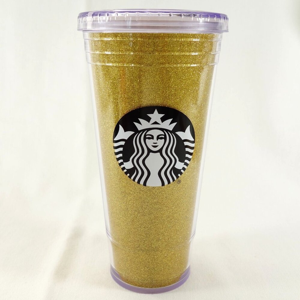 Starbucks 2016 Gold Glitter‎ Black Siren Logo Travel Tumbler No Straw 20 Oz
